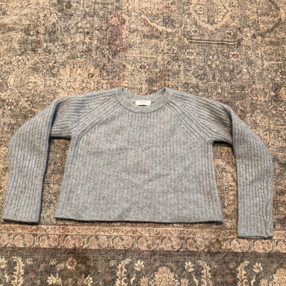 One Gray Day OGD Women 100% Cashmere Gray Ribbed Raglan Cropped Sweater Small